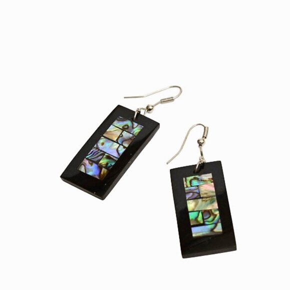 Vintage Rectangular Earrings-Black with Inlaid  Mother-of-pearl /Abalone - Picture 1 of 5